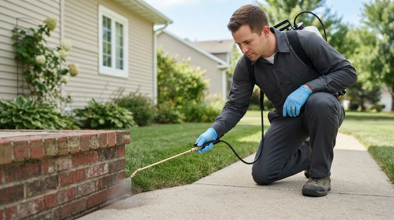 Pest control technician treating a home near Plevna, MT