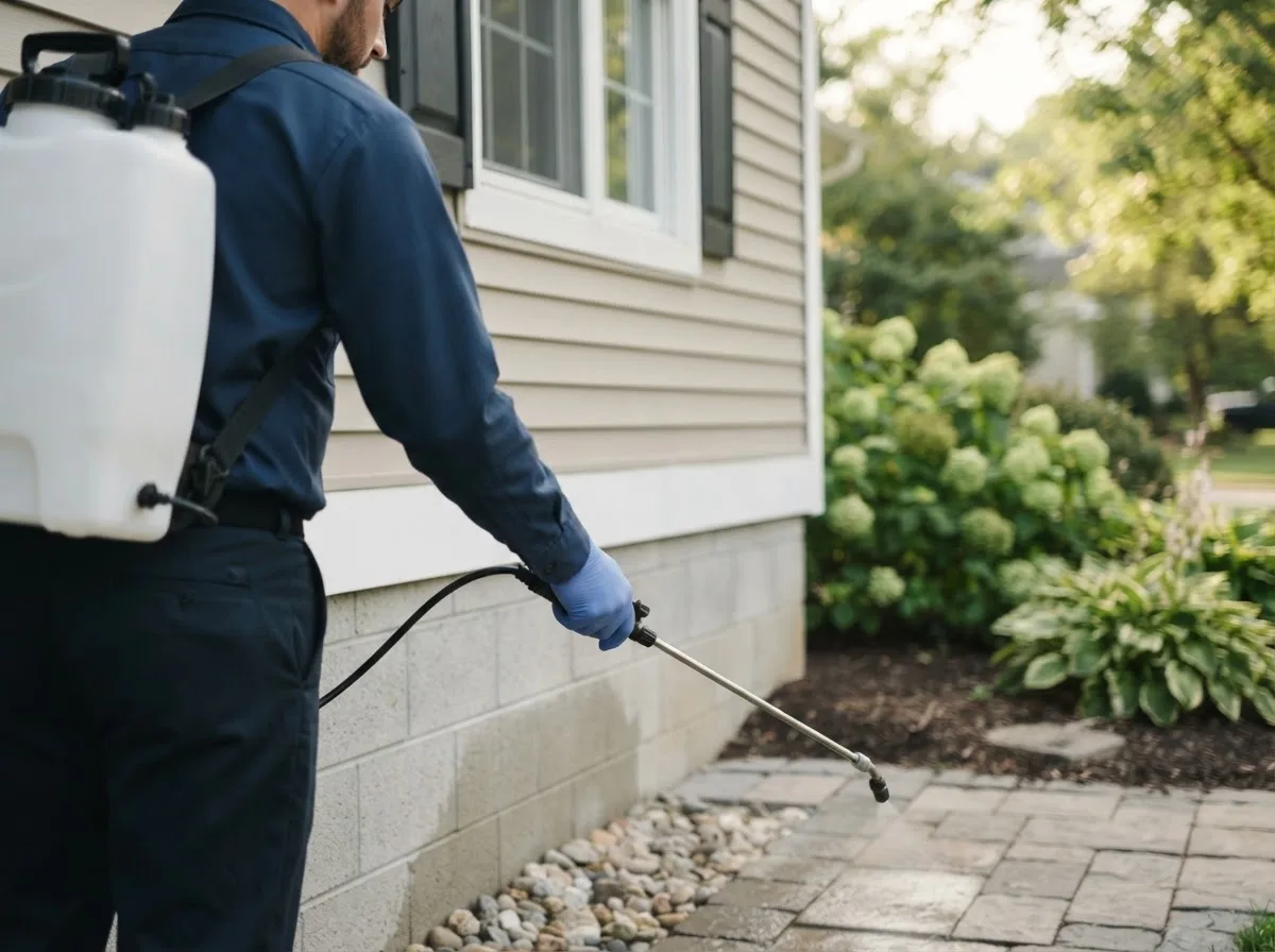 Pest control technician inspecting a home in Plevna, MT